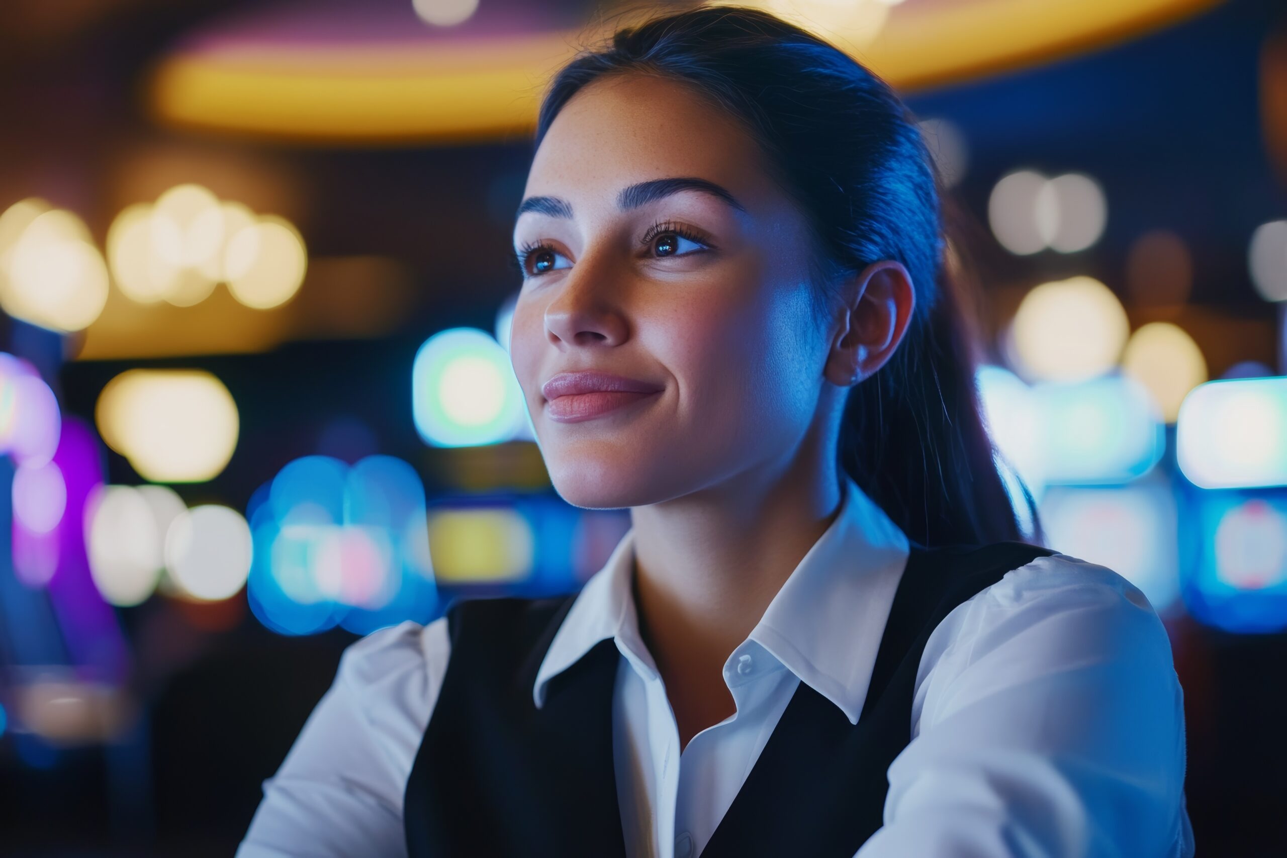 A woman in a white shirt and black vest smiles softly in a casino, with colorful slot machines and blurred lights glowing in the background.